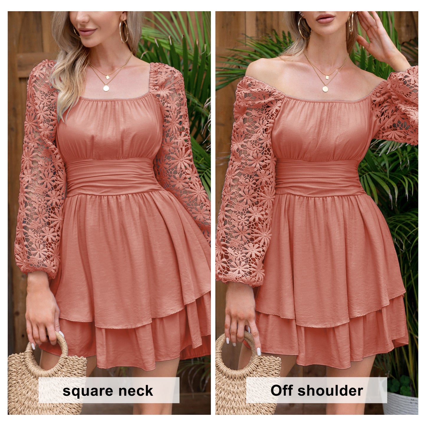 KRDR302EXLURA Women’s Lace Long Puff Sleeve Mini Dress Square Neck Backless Short Swing Party Dress Tie Back Bridesmaid Wedding Guest Dresses