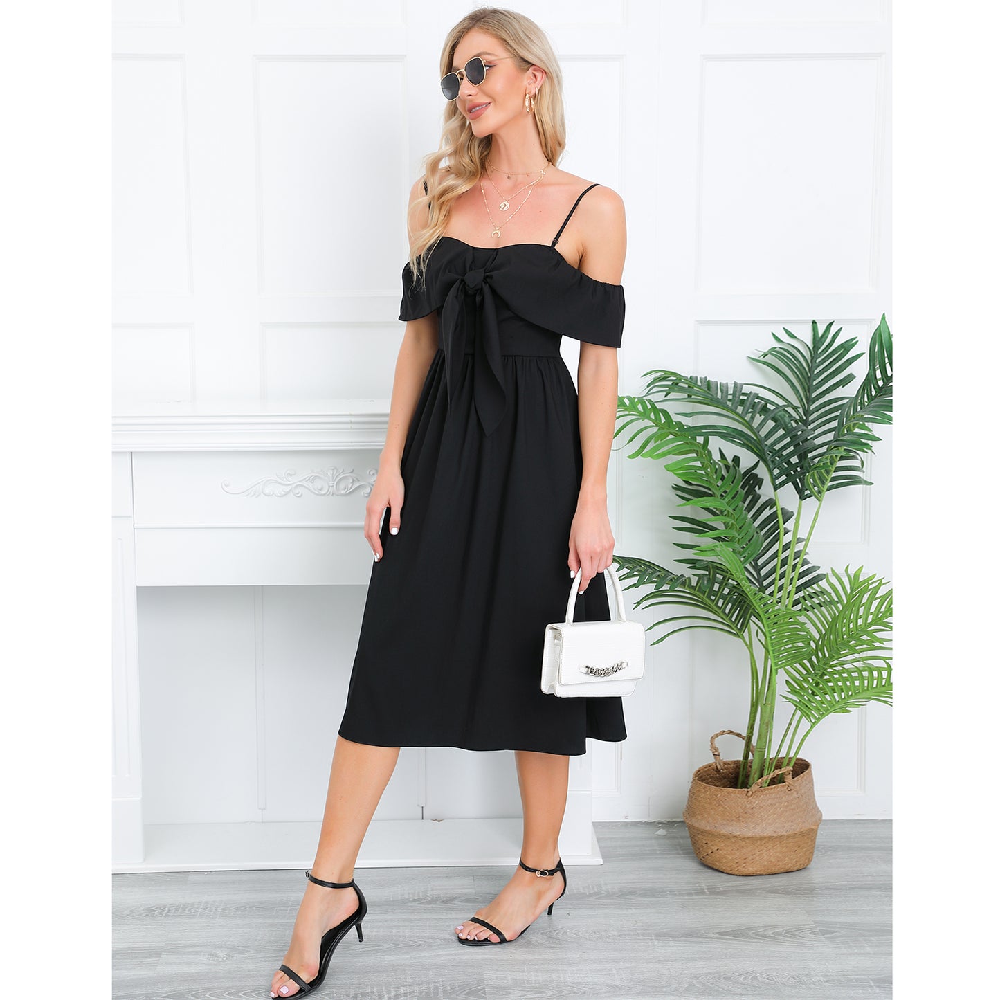 Exlura Women’s Off Shoulder Ruffle Long Dress Tie Knot Sleeveless Strappy Smocked A-Line Backless Midi Dress
