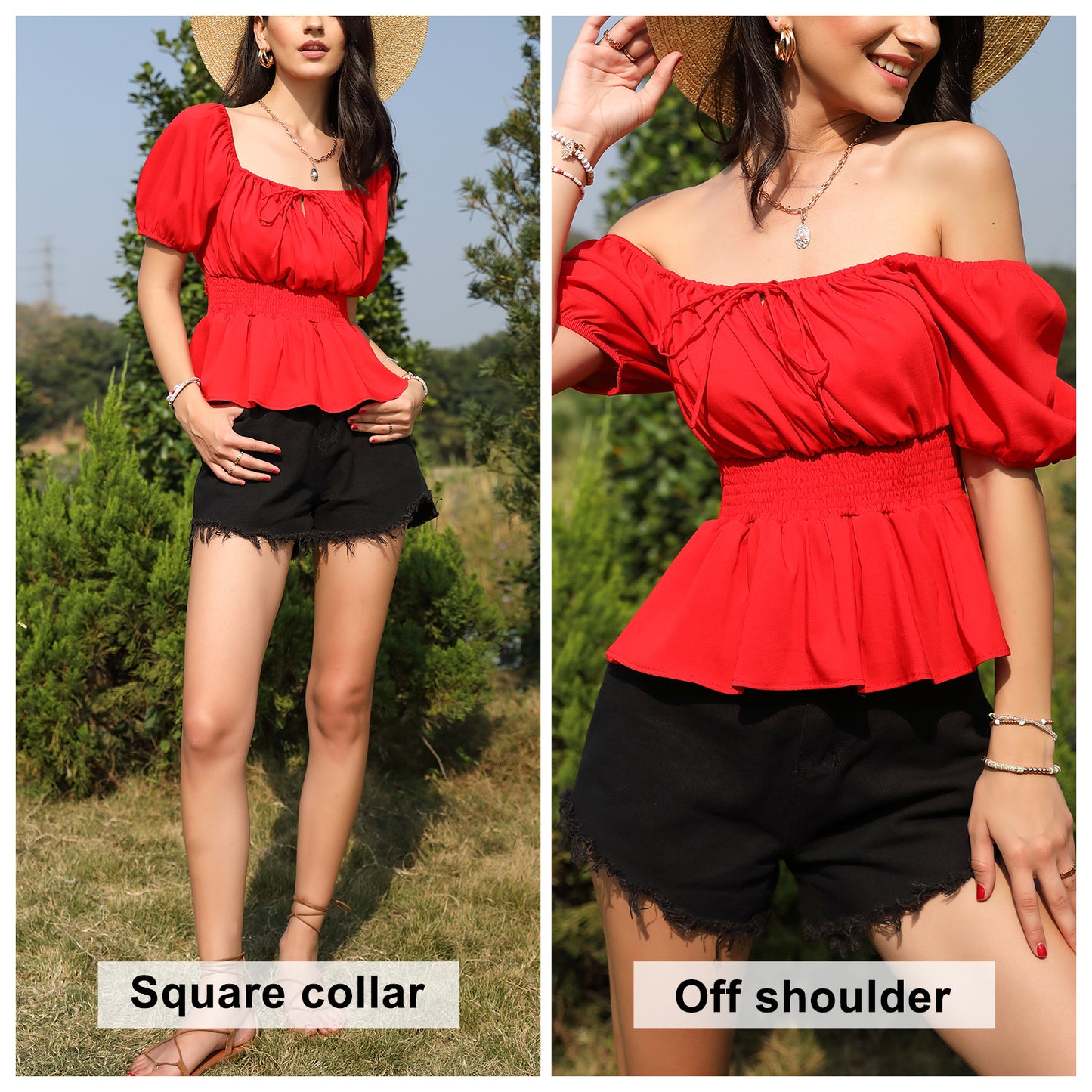 Exlura Women’s Off Shoulder Peplum Top Backless Ruched Square Neck Short Puff Sleeve Backless Crop Top Blouse
