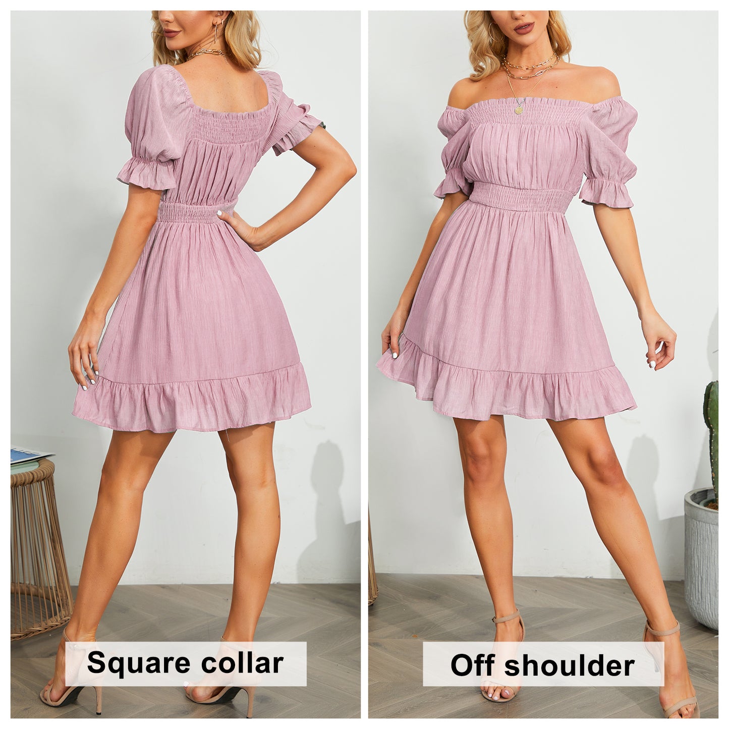 Exlura Women’s High Waist Square Neck Mini Dress Off Shoulder Smocked Puff Short Sleeve Summer Short Ruffle Dress