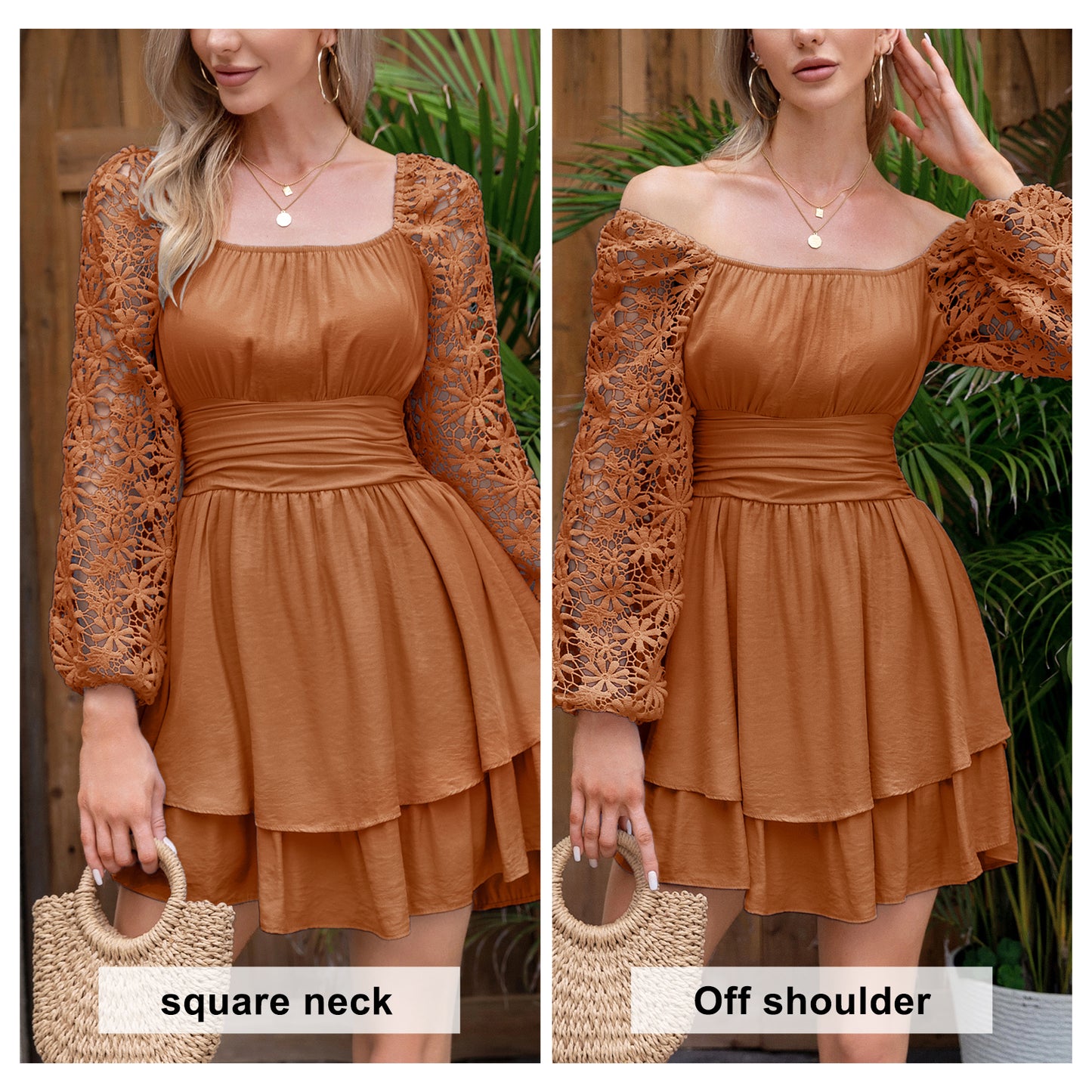 KRDR302EXLURA Women’s Lace Long Puff Sleeve Mini Dress Square Neck Backless Short Swing Party Dress Tie Back Bridesmaid Wedding Guest Dresses