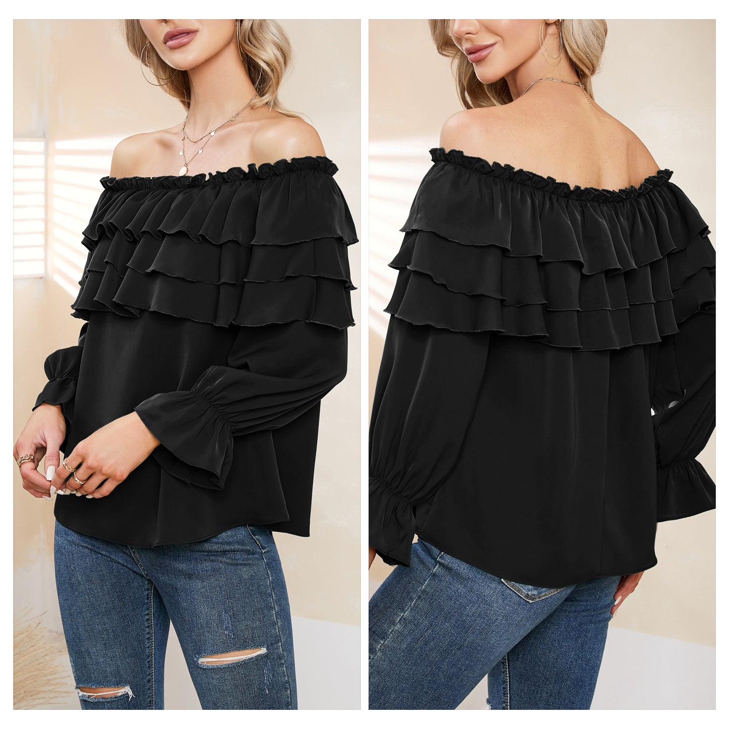 Byinns Women’s Off The Shoulder Layered Ruffle Tops Long Puff Sleeve Flowy Blouses Shirts Party Dressy Tops