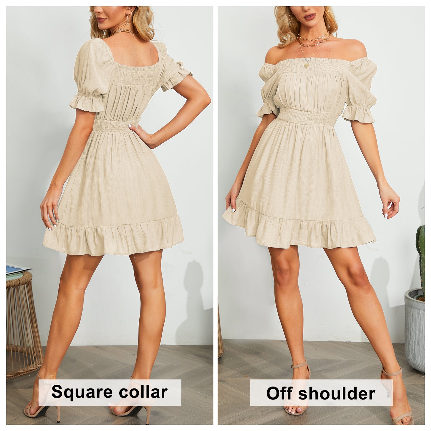 Exlura Women’s High Waist Square Neck Mini Dress Off Shoulder Smocked Puff Short Sleeve Summer Short Ruffle Dress