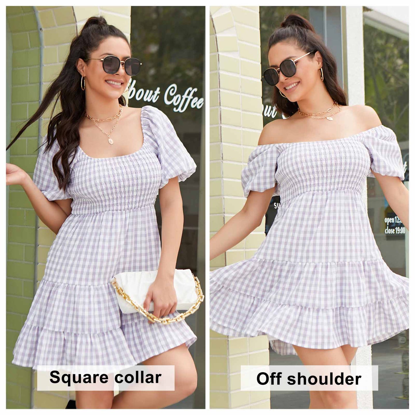 Exlura Women’s Off Shoulder Round Neck Dress Puff Short Sleeve Ruffle Plaid Tiered Swing Mini Dress Sundress