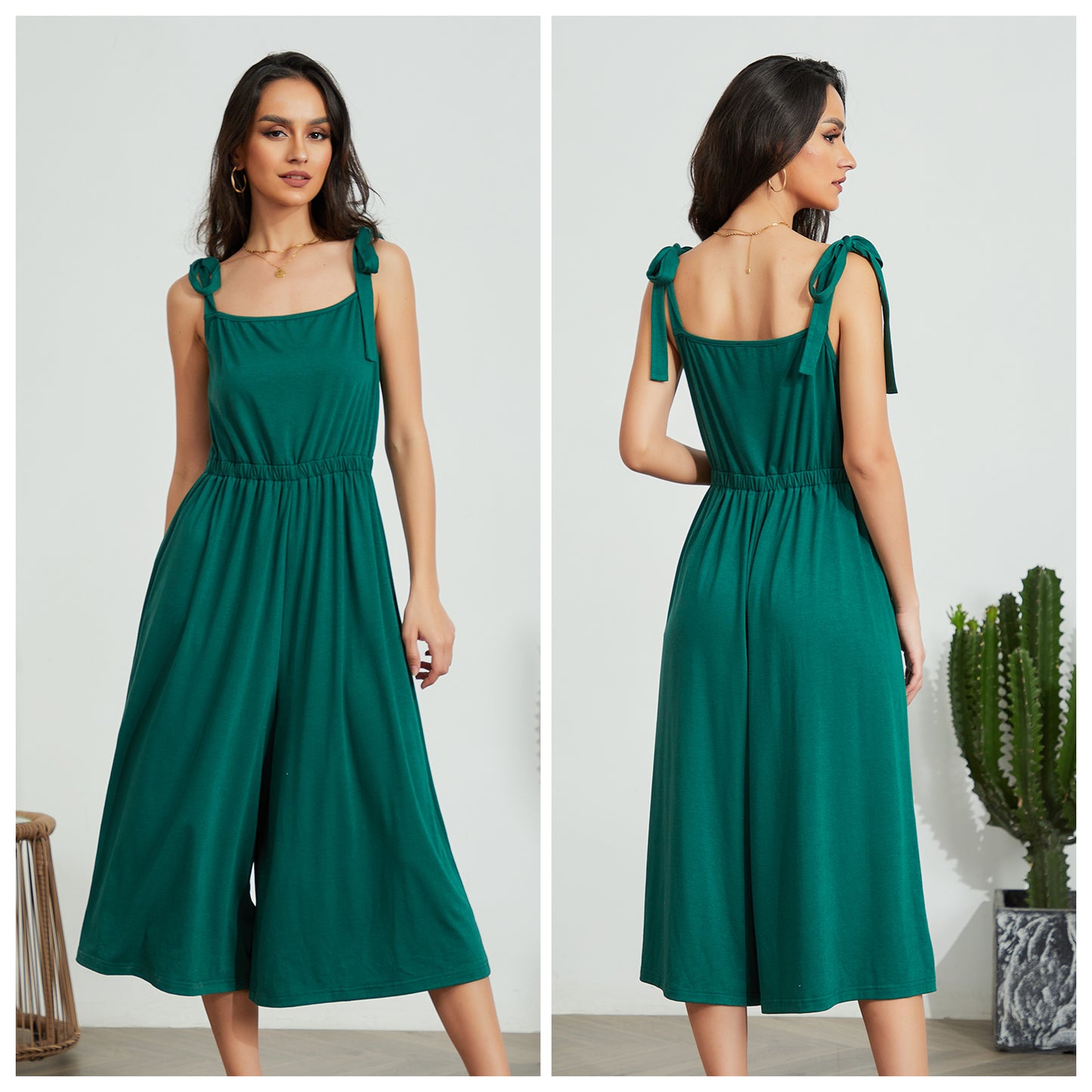 Byinns Women’s Square Neck Sleeveless Strappy Long Romper Tie Shoulder Wide Leg High Waist Knit Jumpsuit Playsuit