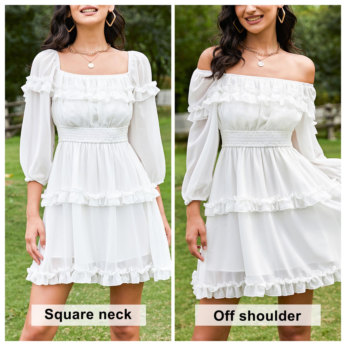 EXLURA Women's Short Mini Dress Square Neck A Line Long Sleeve Dress Tiered Ruffle Boho Wedding Guest Dress