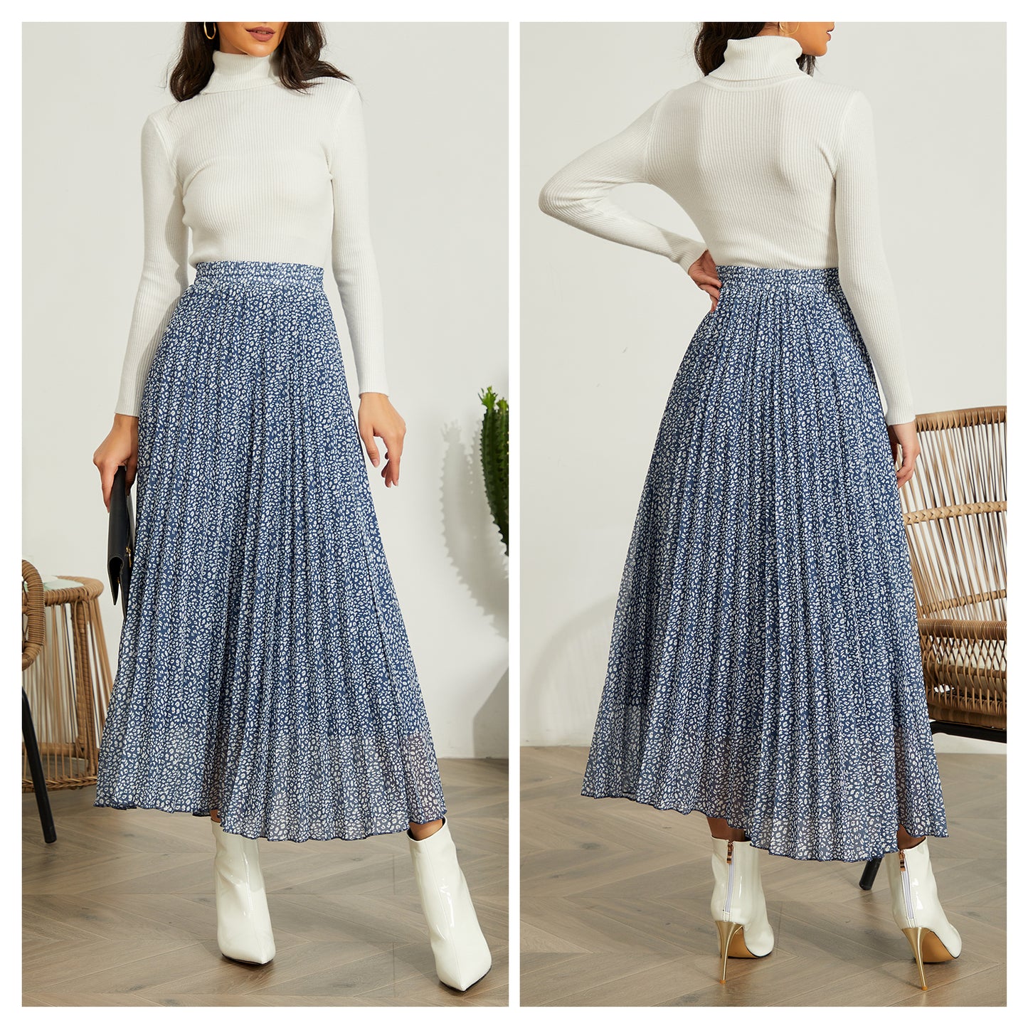 EXLURA Women's Floral Printed Chiffon Elastic High Waist Pleated Long Maxi Skirt