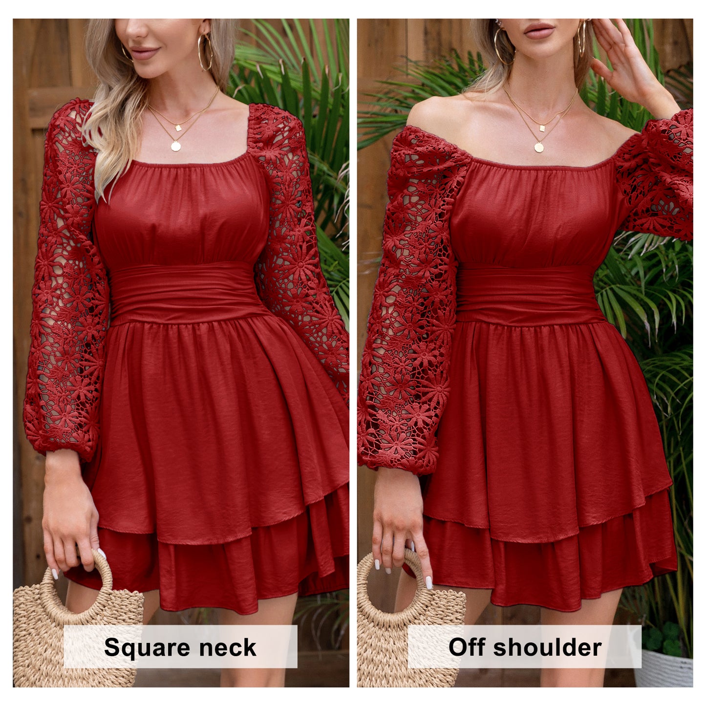 KRDR302EXLURA Women’s Lace Long Puff Sleeve Mini Dress Square Neck Backless Short Swing Party Dress Tie Back Bridesmaid Wedding Guest Dresses