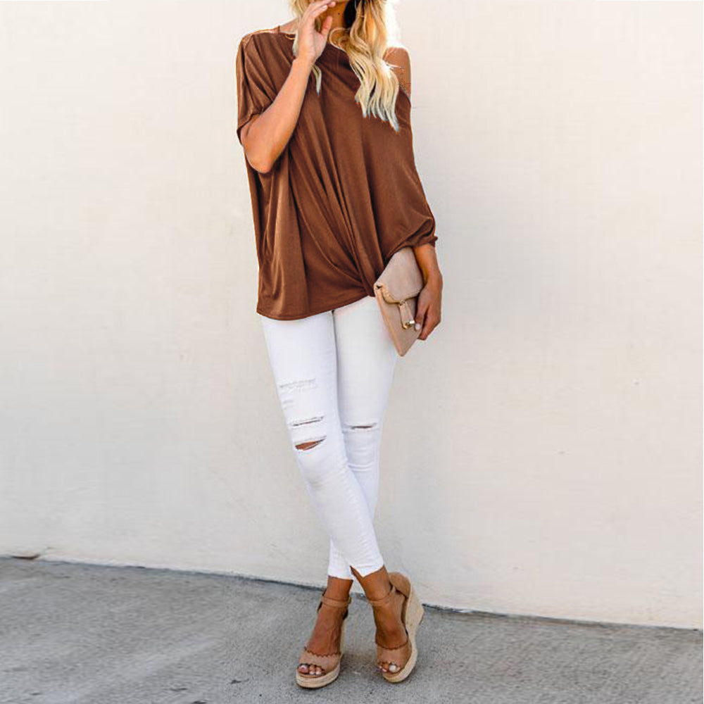 Off Shoulder Batwing Sleeve Ribbed Shirt Loose Tops