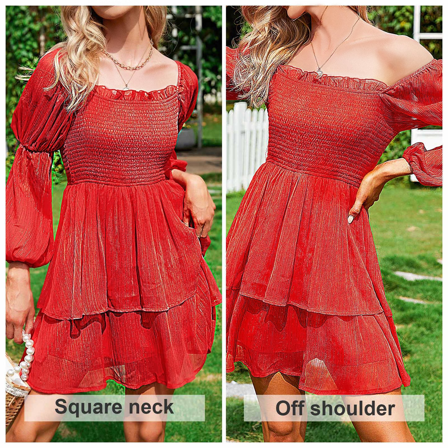 Exlura Women’s Smocked Ruffle Vintage Mini Dress Layered Square Neck Long Puff Sleeve Dress Elegant Glitter Cocktail Party Dress