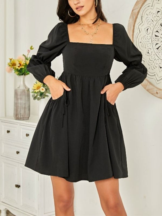 Exlura Women’s Casual Mini Dress with Pockets Square Neck Long Puff Sleeve Dress Empire Waist Boho Wedding Guest Dress