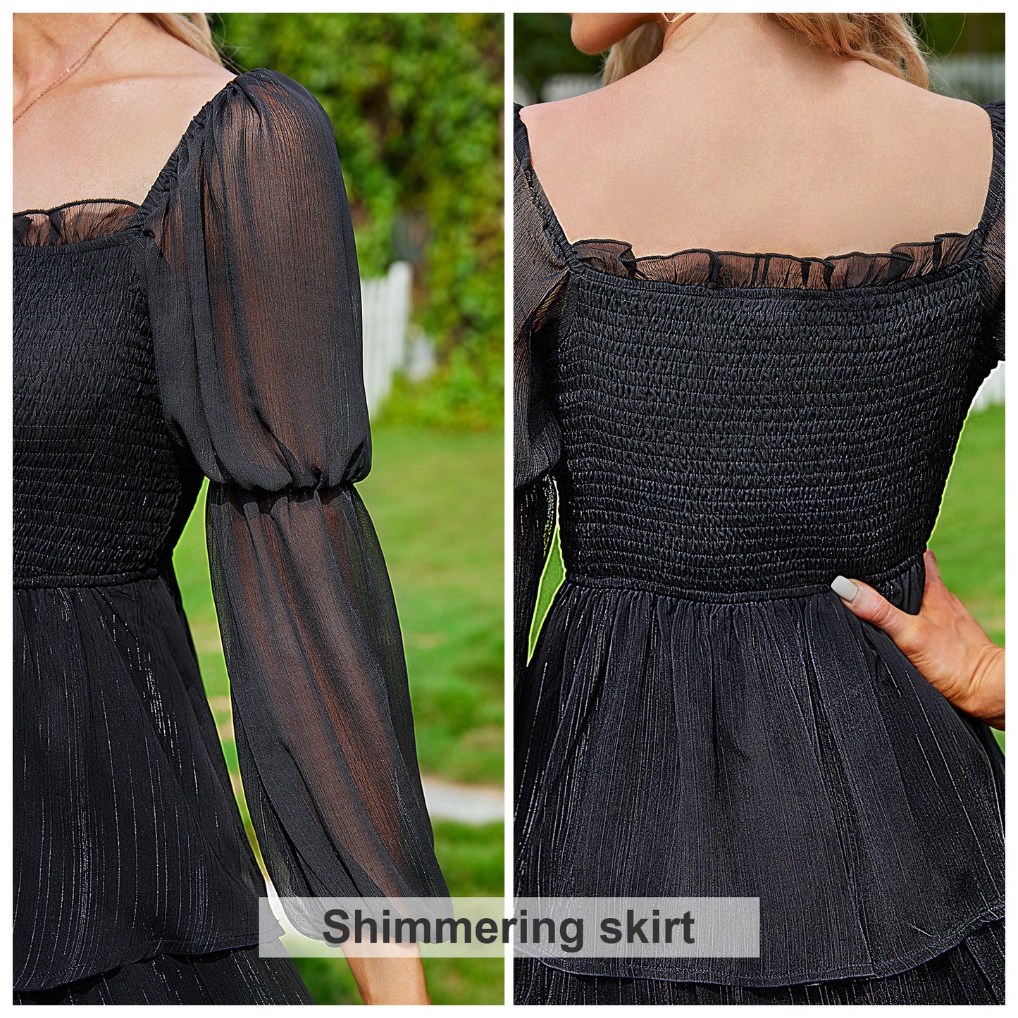 Exlura Women’s Smocked Ruffle Vintage Mini Dress Layered Square Neck Long Puff Sleeve Dress Elegant Glitter Cocktail Party Dress