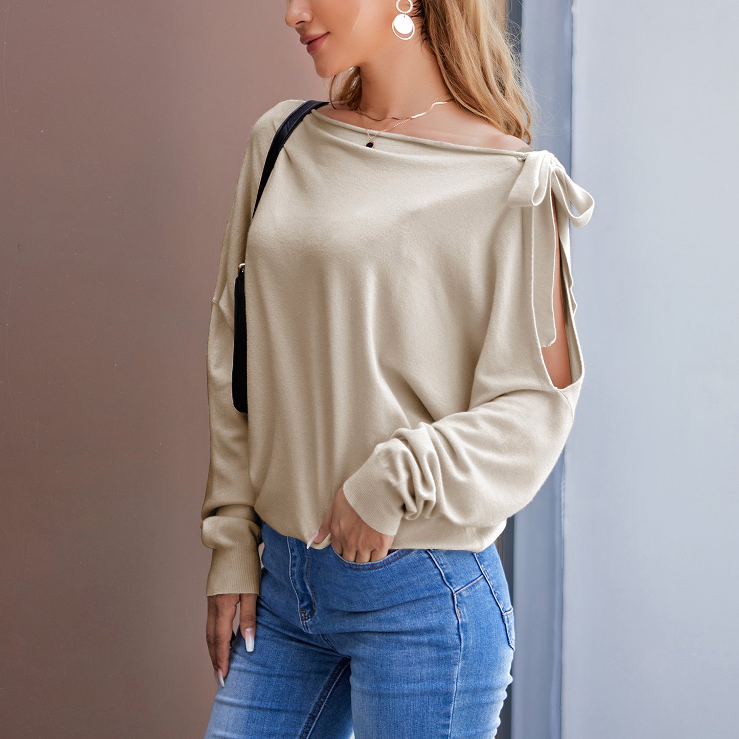 Tie Knot One Shoulder Blouse Batwing Sleeve Elegant Loose Fit Tops