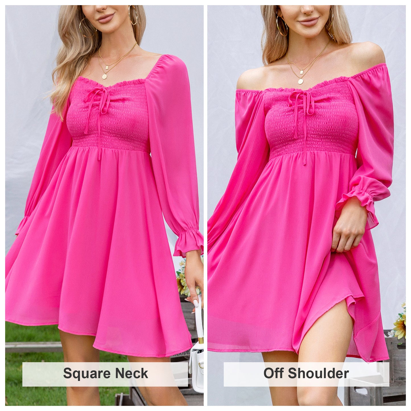 EXLURA Women’s Drawstring Mini Dress Sweetheart Neckline Smocked Flowy Dress Puff Long Sleeve Ruffle Cute Wedding Guest Dress