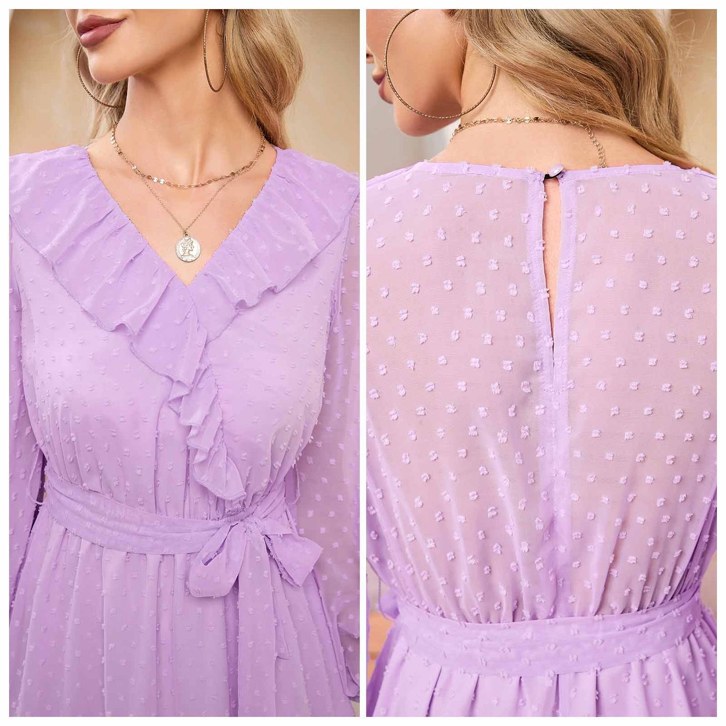 EXLURA Women’s Belted Swiss Dot V Neck Midi Dress Long Puff Sleeve Ruffle Dress Lace Patchwork Wedding Guest Dress