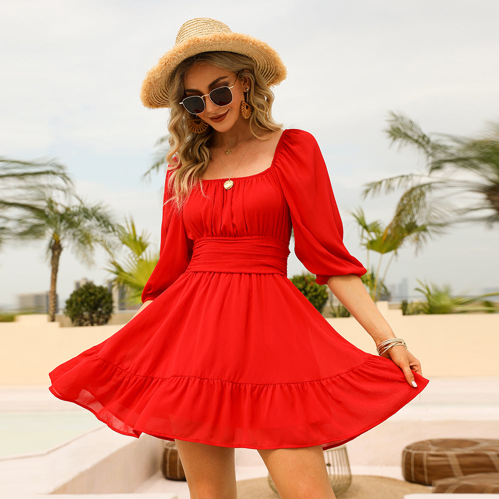 Ruffled Off Shoulder A-Line Vintage Mini Dress