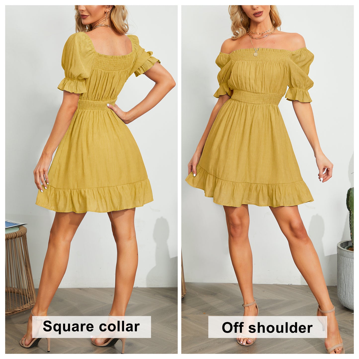 Exlura Women’s High Waist Square Neck Mini Dress Off Shoulder Smocked Puff Short Sleeve Summer Short Ruffle Dress