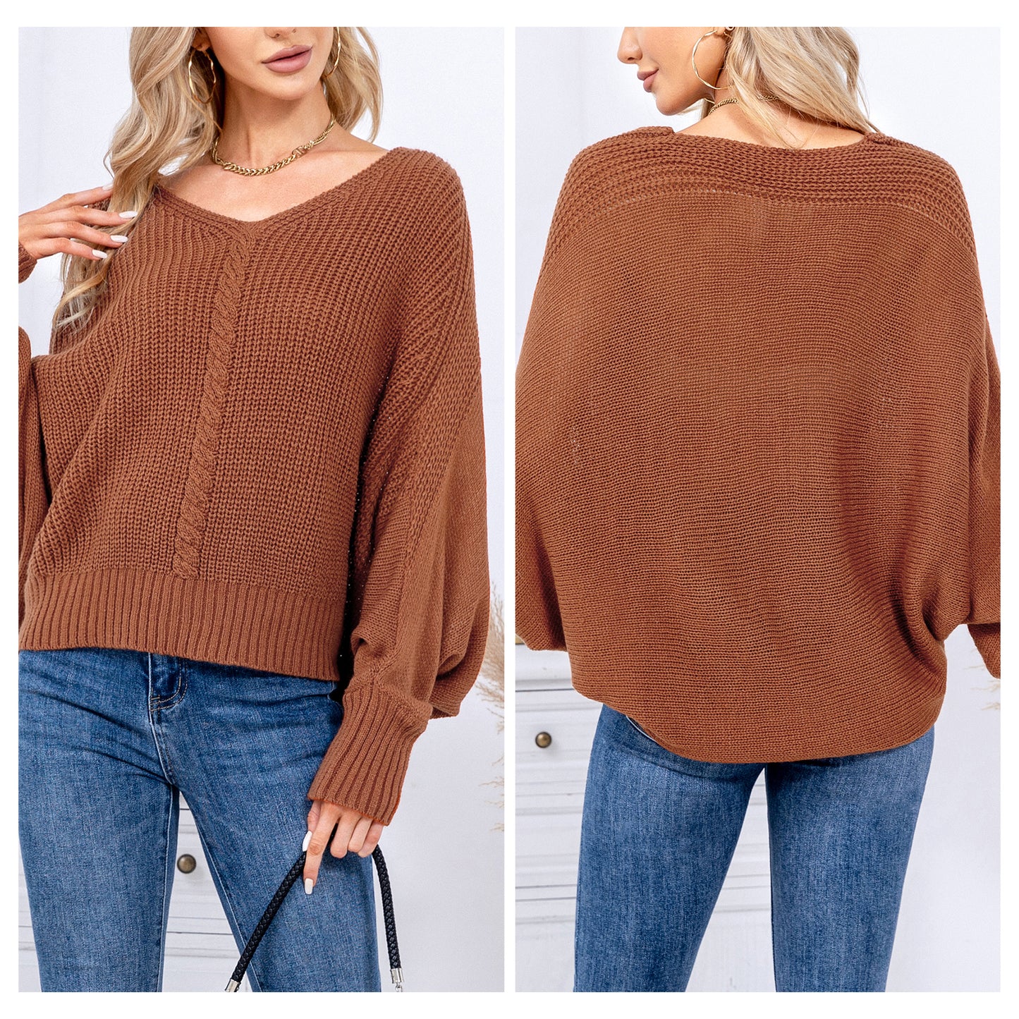 EXLURA Women's V Neck Oversized Sweater Batwing Long Sleeve Chunky Pullover Sweater Sexy Casual Trendy Tops