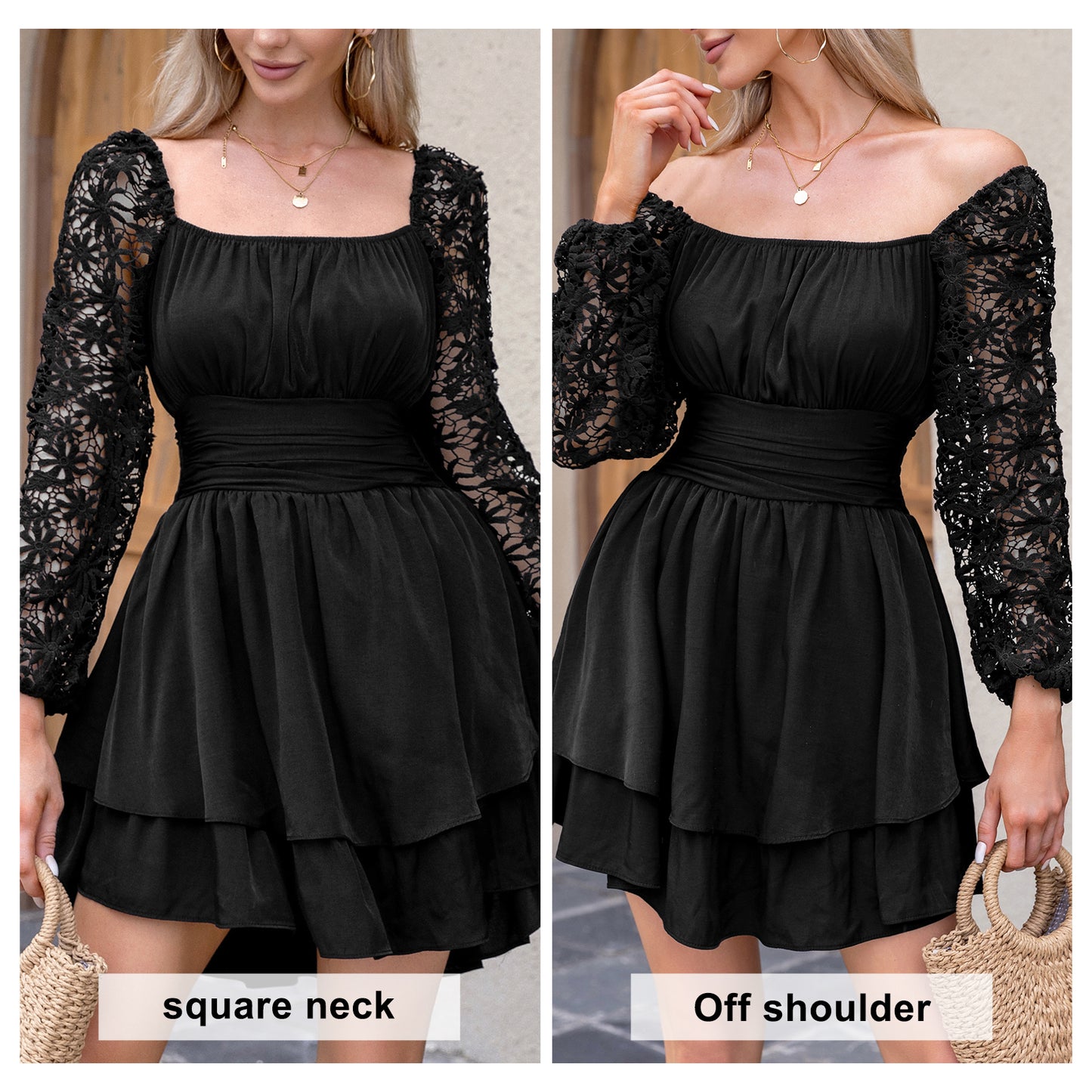 KRDR302EXLURA Women’s Lace Long Puff Sleeve Mini Dress Square Neck Backless Short Swing Party Dress Tie Back Bridesmaid Wedding Guest Dresses