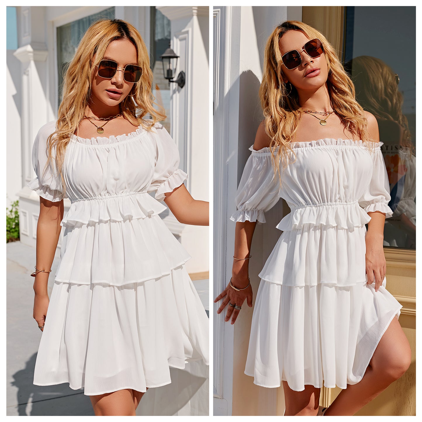 Exlura Women’s Off Shoulder Ruffle Short Dress Flowy Tiered Smocked 3/4 Puff Sleeve High Waist Casual Mini Dress