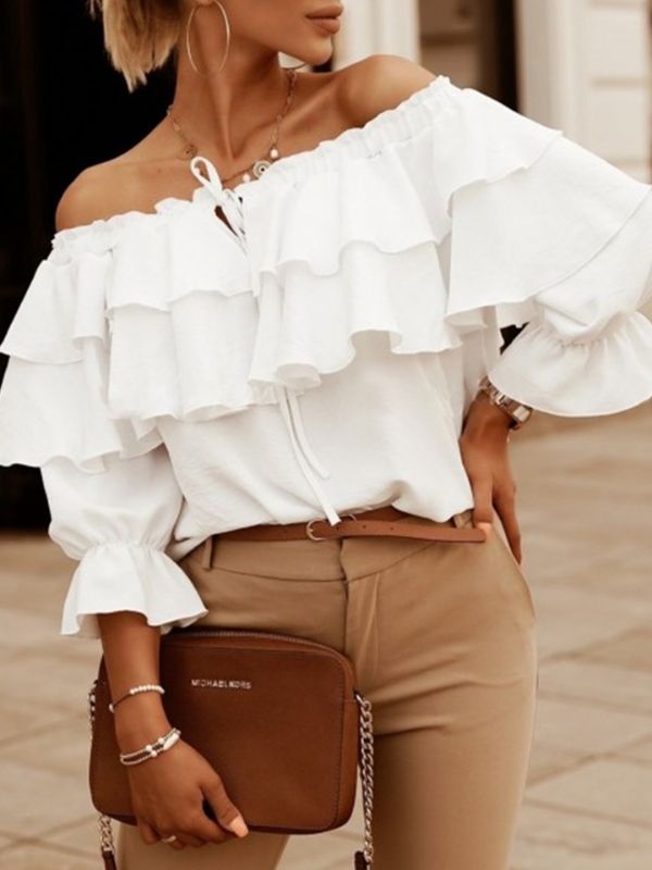 Off Shoulder Ruffle Long Sleeve Blouses Casual Layered Tops