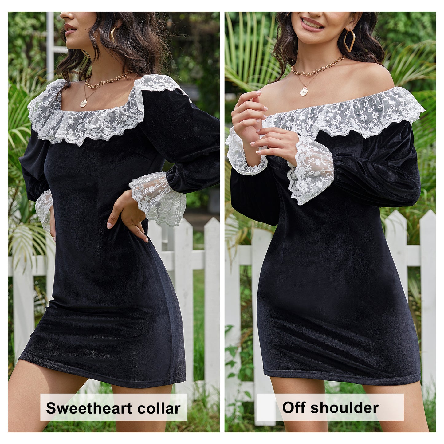 Exlura Women’s Lace Ruffle Velvet Mini Dress Square Neck Long Lantern Sleeve Victorian Dress Club Cocktail Party Bodycon Dress
