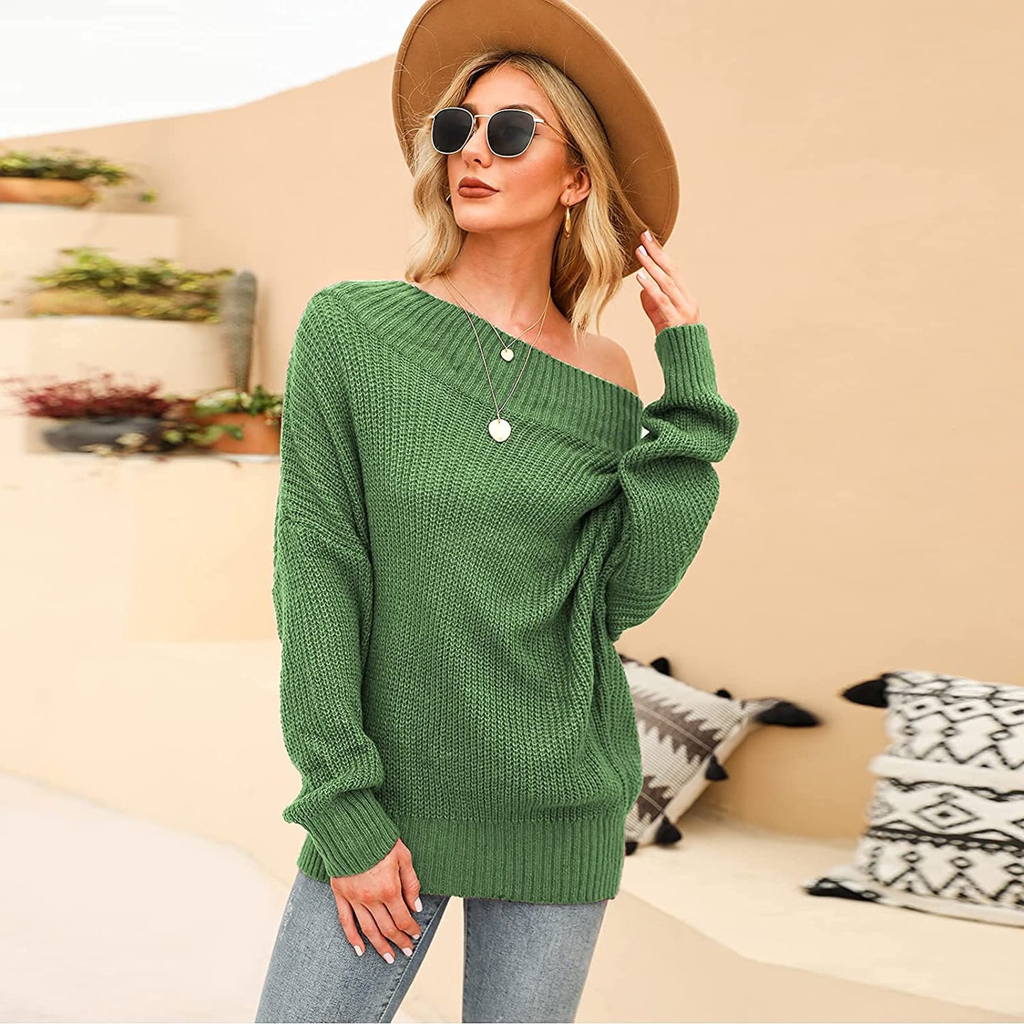 EXLURA Women's 024 New Off Shoulder Sweater Batwing Sleeve Loose Oversized Pullover Knit Jumper