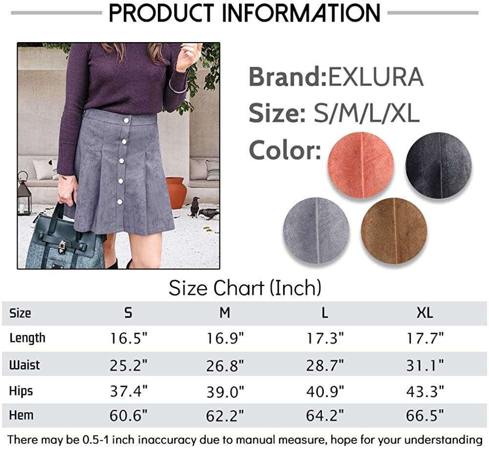 Exlura Womens Faux Suede High Waist Pleated Short Skirt Elastic Button Front Skater Mini Skirt