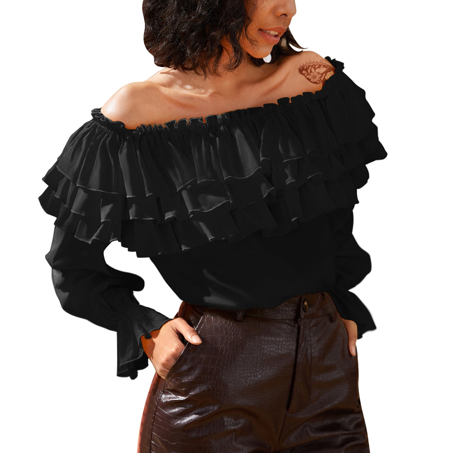 Byinns Women’s Off The Shoulder Layered Ruffle Tops Long Puff Sleeve Flowy Blouses Shirts Party Dressy Tops