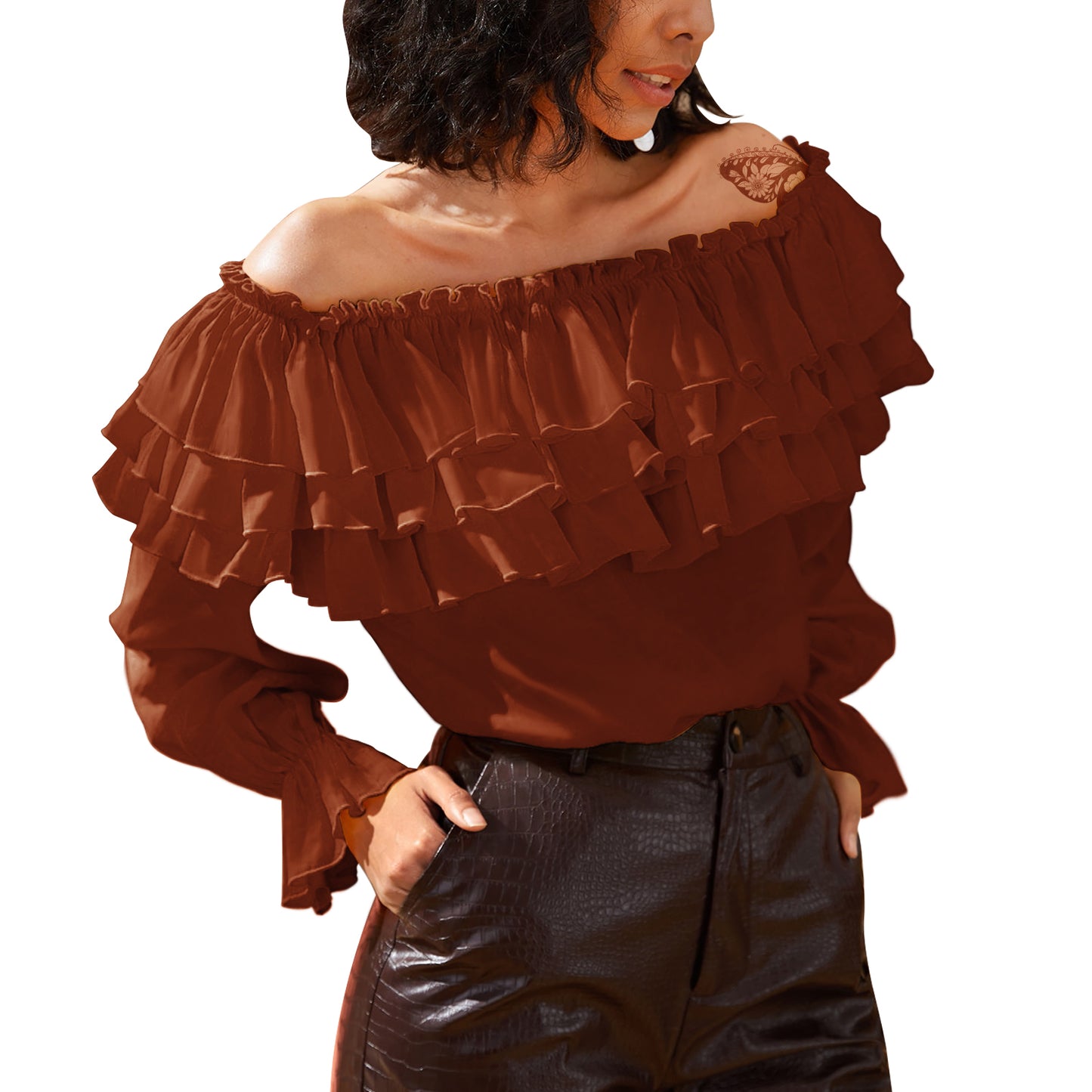 Byinns Women’s Off The Shoulder Layered Ruffle Tops Long Puff Sleeve Flowy Blouses Shirts Party Dressy Tops