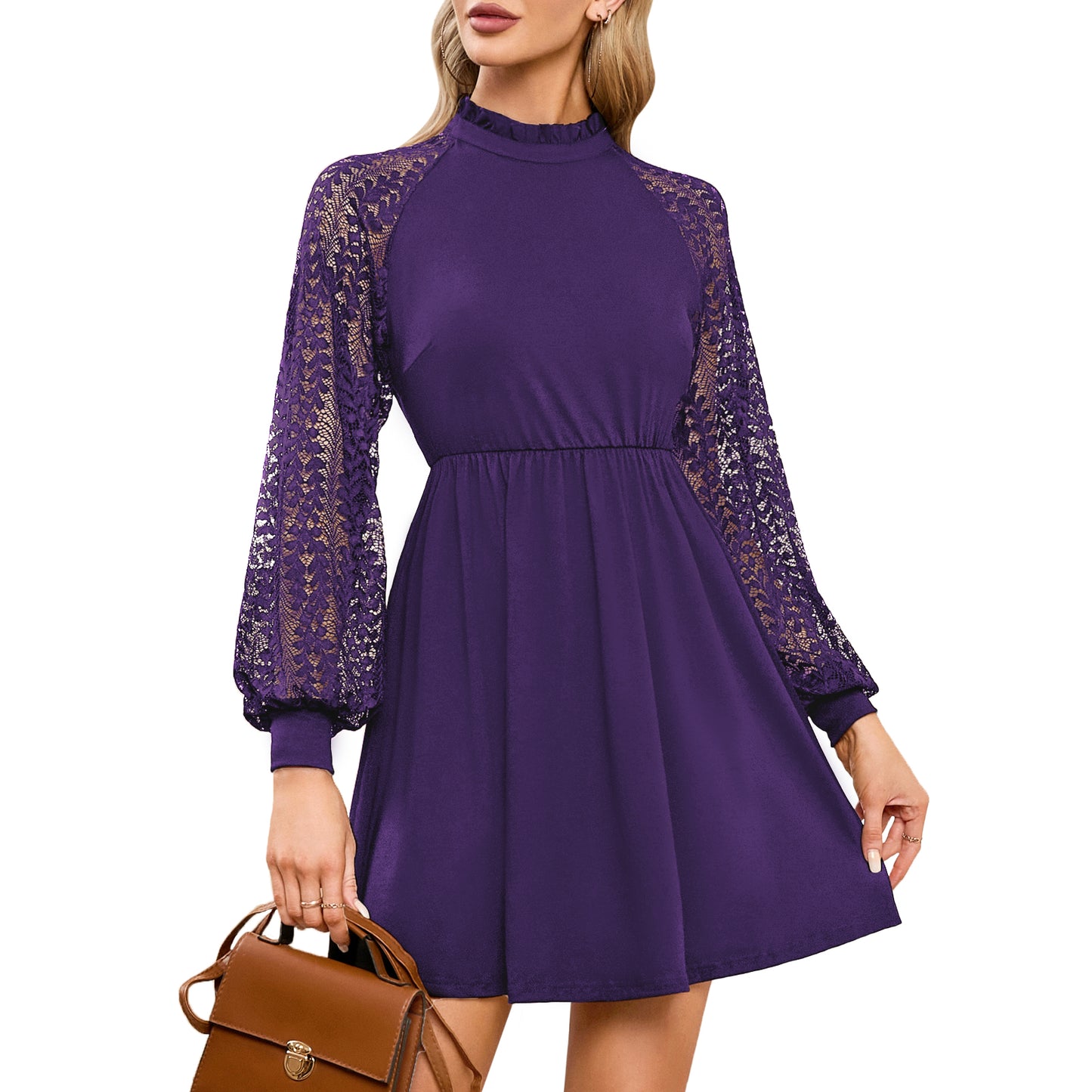 EXLURA Women’s Lace Tshirt Mini Dress Ruffle High Neck Long Puff Sleeve Swing Dress Flowy Wedding Guest Dresses