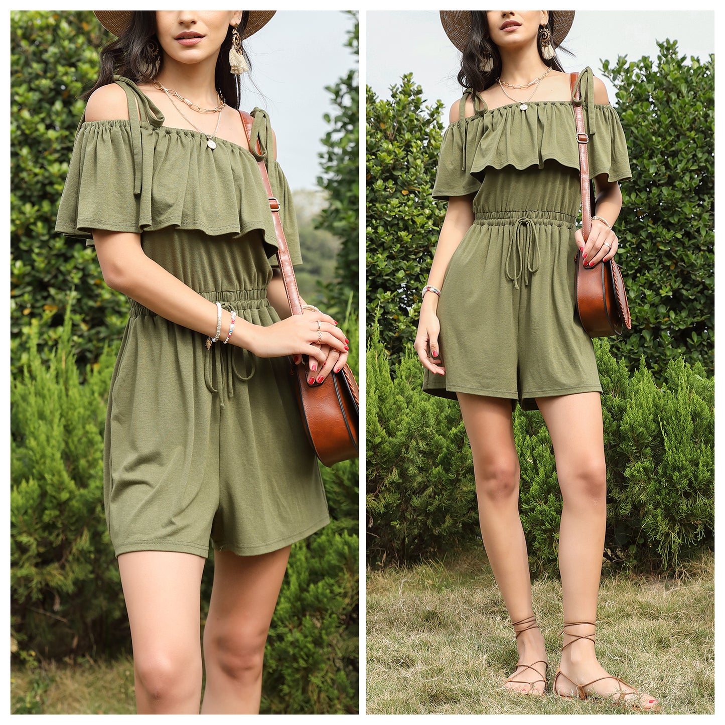 Exlura Women’s Sexy Sleeveless Short Jumpsuit Off Shoulder Tie Waist Strappy Wide Leg Ruffle Romper Playsuit