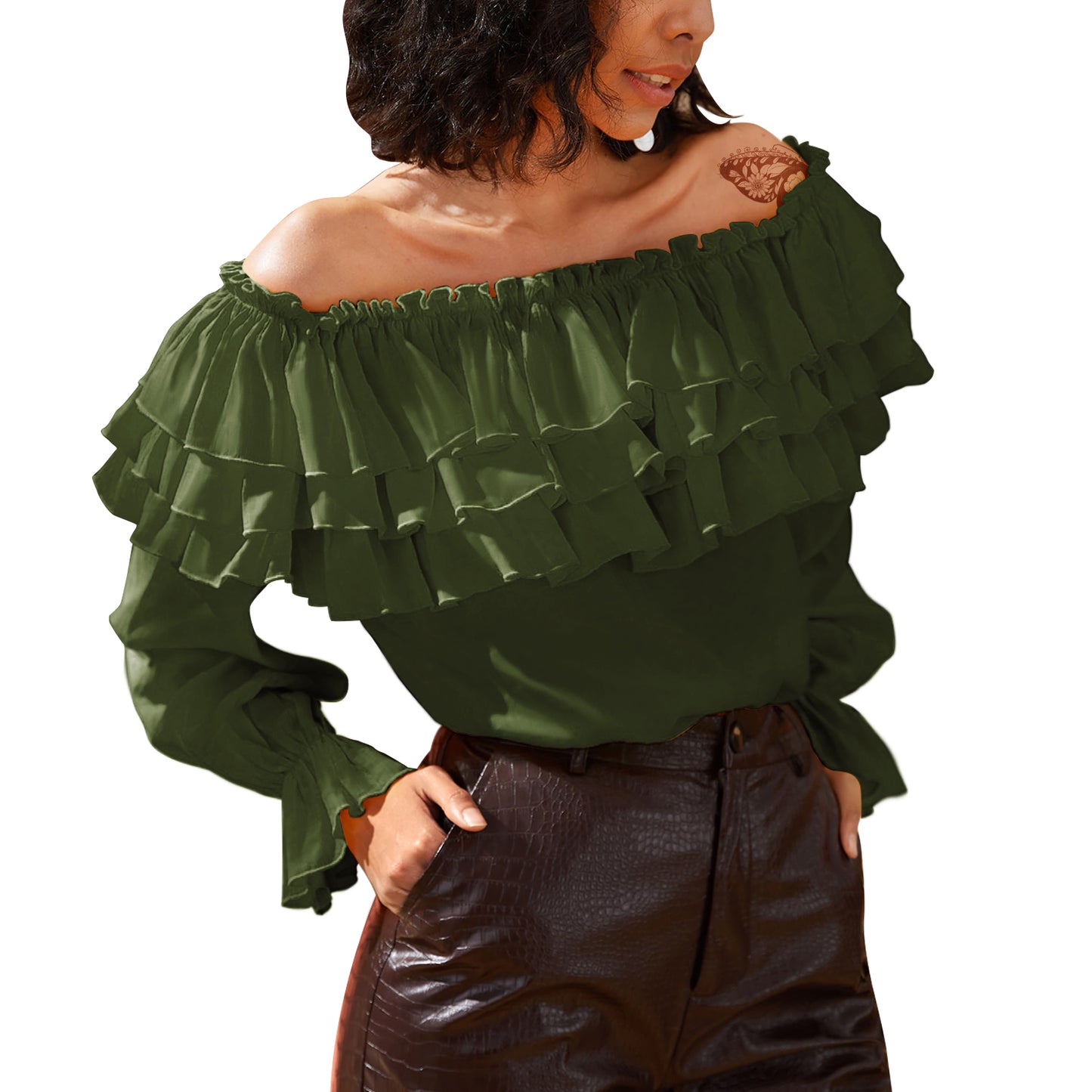 Byinns Women’s Off The Shoulder Layered Ruffle Tops Long Puff Sleeve Flowy Blouses Shirts Party Dressy Tops