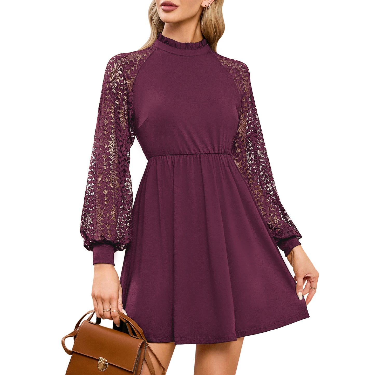 EXLURA Women’s Lace Tshirt Mini Dress Ruffle High Neck Long Puff Sleeve Swing Dress Flowy Wedding Guest Dresses