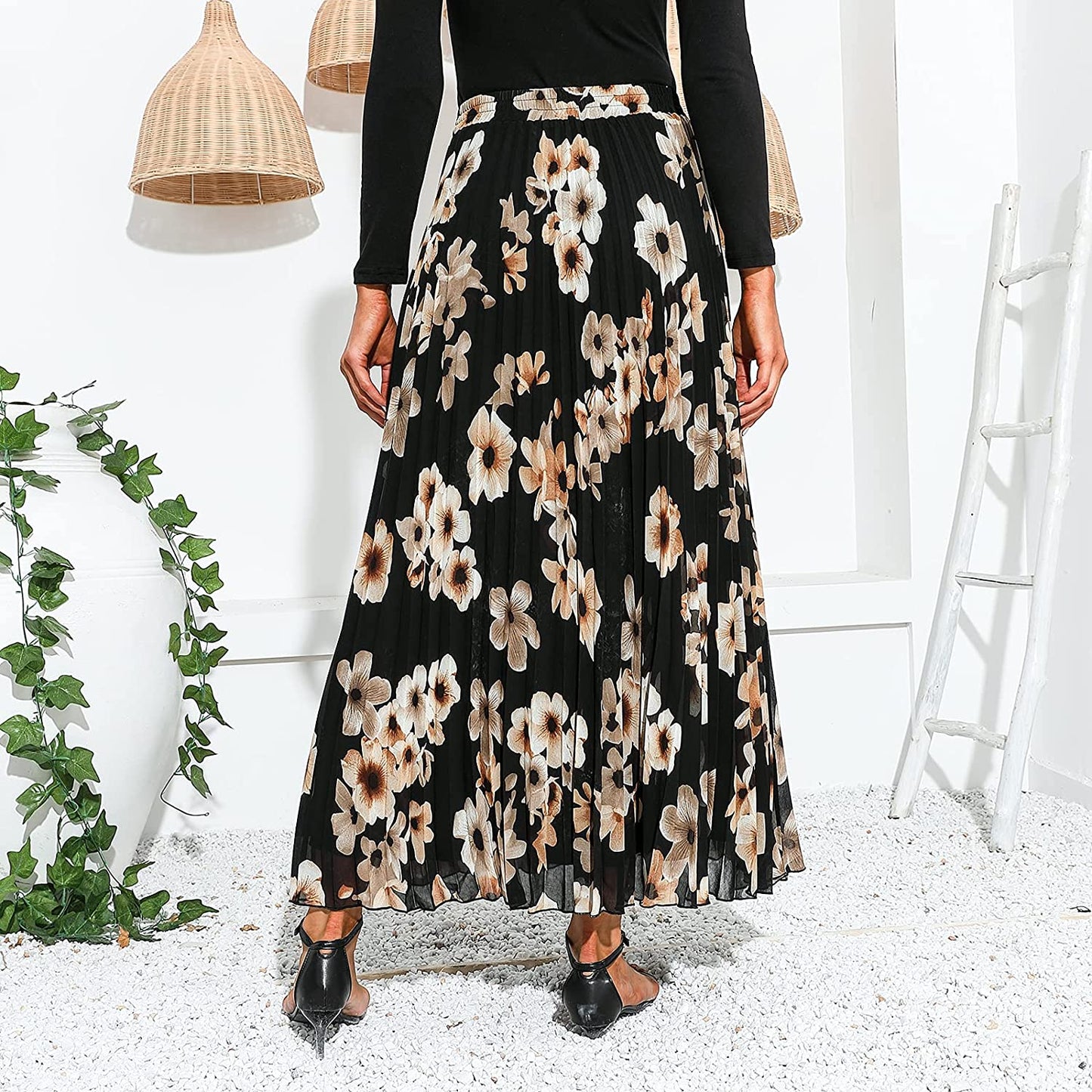 EXLURA Women's Floral Printed Chiffon Elastic High Waist Pleated Long Maxi Skirt