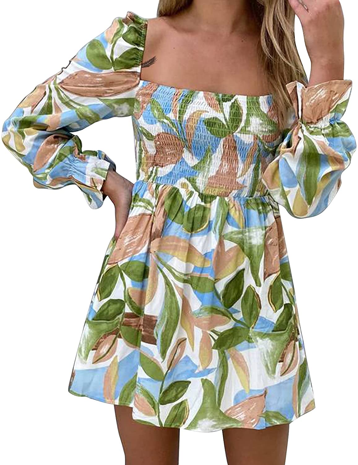 Exlura Womens Square Neck Long Sleeve High Waist Smocked A Line Ruffle Swing Short Dress