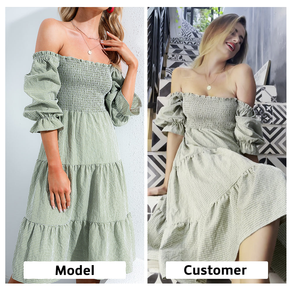 EXLURA Women's Back Tie Knot Square Neck Smocked Bust Puff Elbow Sleeve Ruffle Plaid Tiered Midi Dress