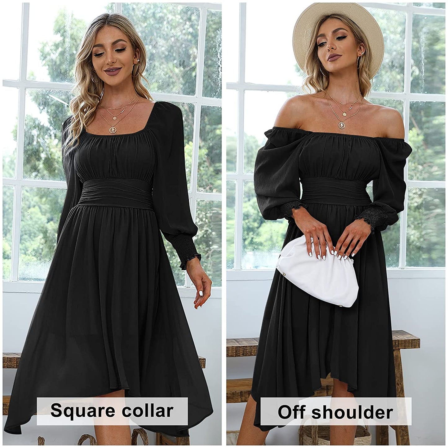 EXLURA Women's Tie Back Asymmetrical Hem Off Shoulder A-line Dresses Long Lantern Sleeve Ruffle Midi Dress