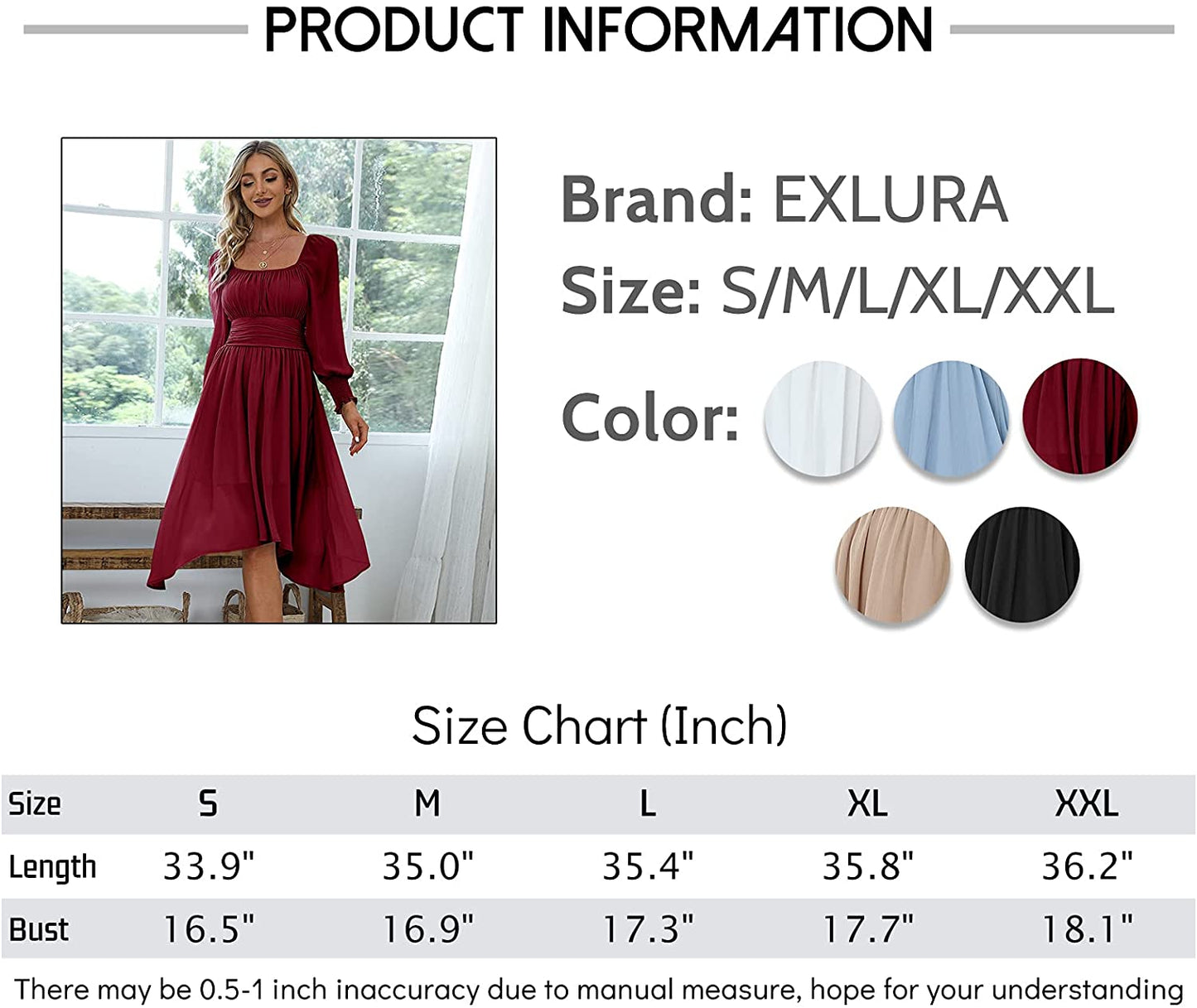 EXLURA Women's Tie Back Asymmetrical Hem Off Shoulder A-line Dresses Long Lantern Sleeve Ruffle Midi Dress