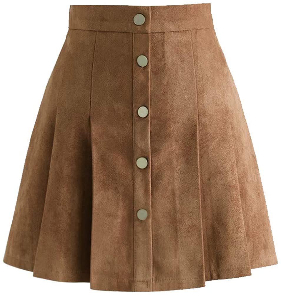 Exlura Womens Faux Suede High Waist Pleated Short Skirt Elastic Button Front Skater Mini Skirt