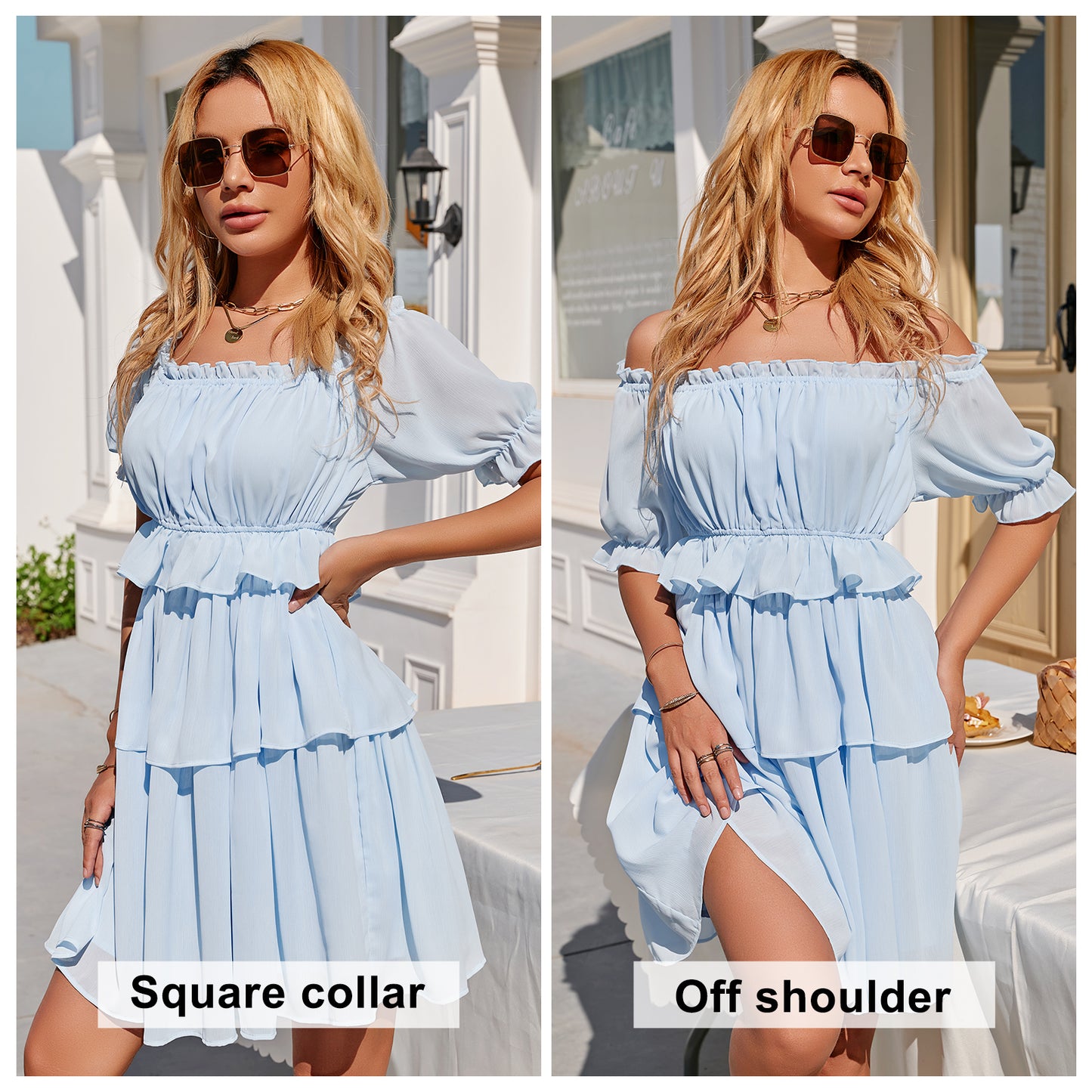 Exlura Women’s Off Shoulder Ruffle Short Dress Flowy Tiered Smocked 3/4 Puff Sleeve High Waist Casual Mini Dress