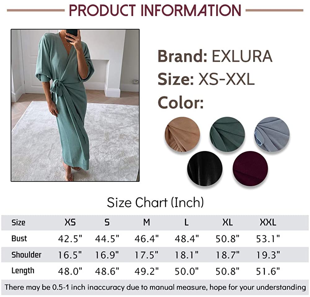 EXLURA Womens Knit Sweater Dress Casual Solid Long Sleeve Wrap Maxi Dresses with Belt