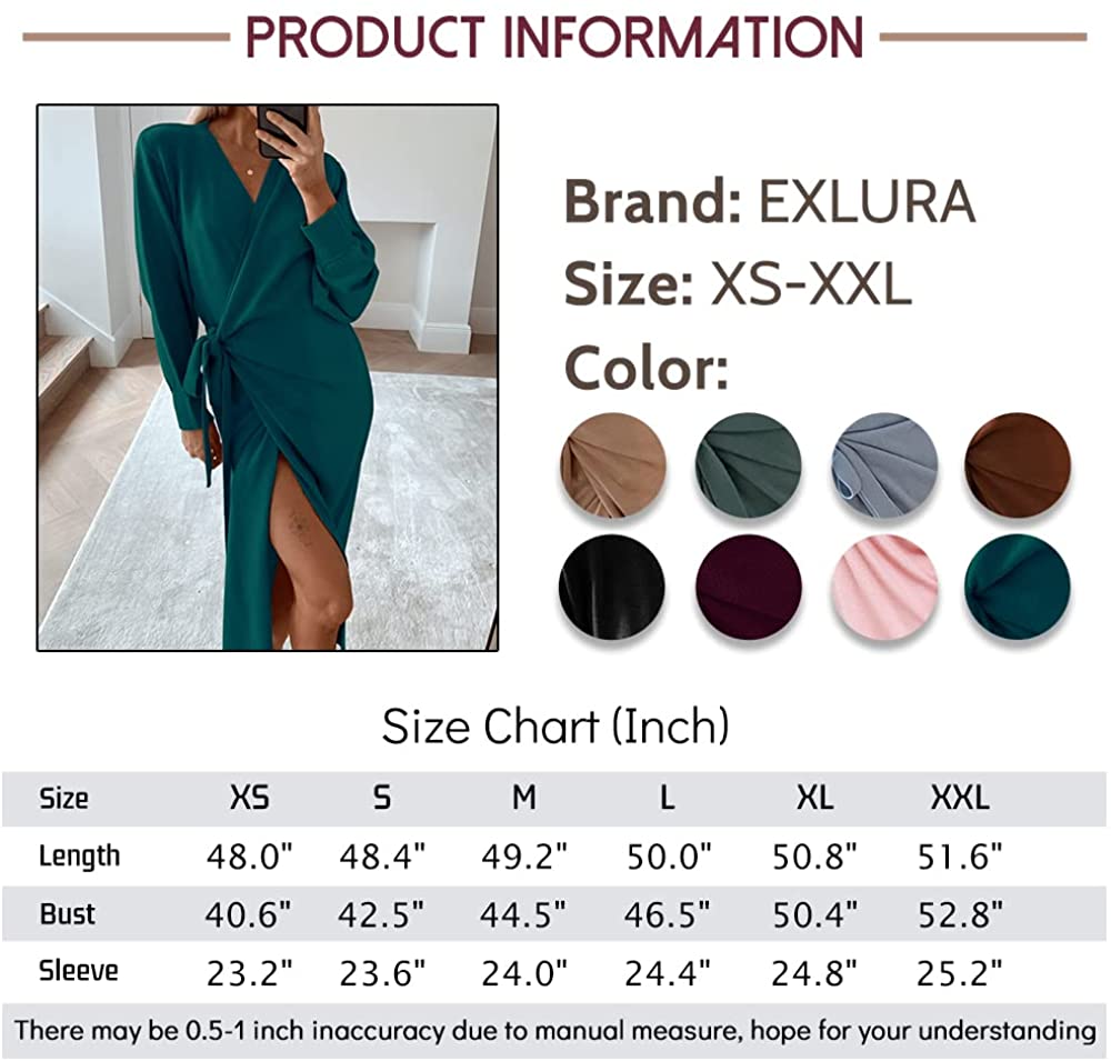 EXLURA Womens Knit Sweater Dress Casual Solid Long Sleeve Wrap Maxi Dresses with Belt