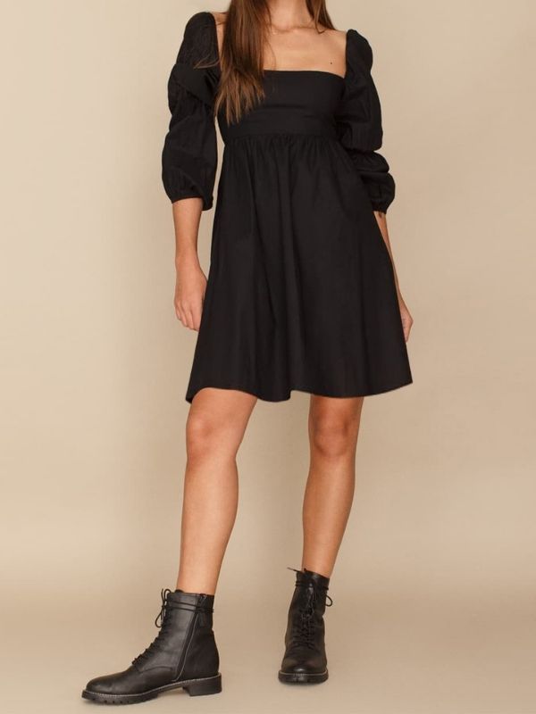 Square Neck Dress Long Puff Sleeve A-Line Casual Short Mini Dress