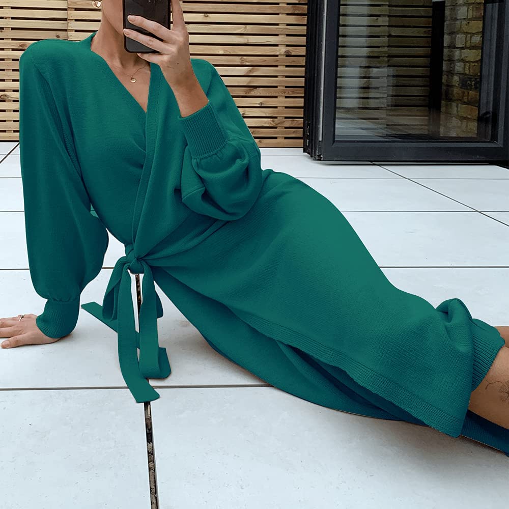EXLURA Womens Knit Sweater Dress Casual Solid Long Sleeve Wrap Maxi Dresses with Belt
