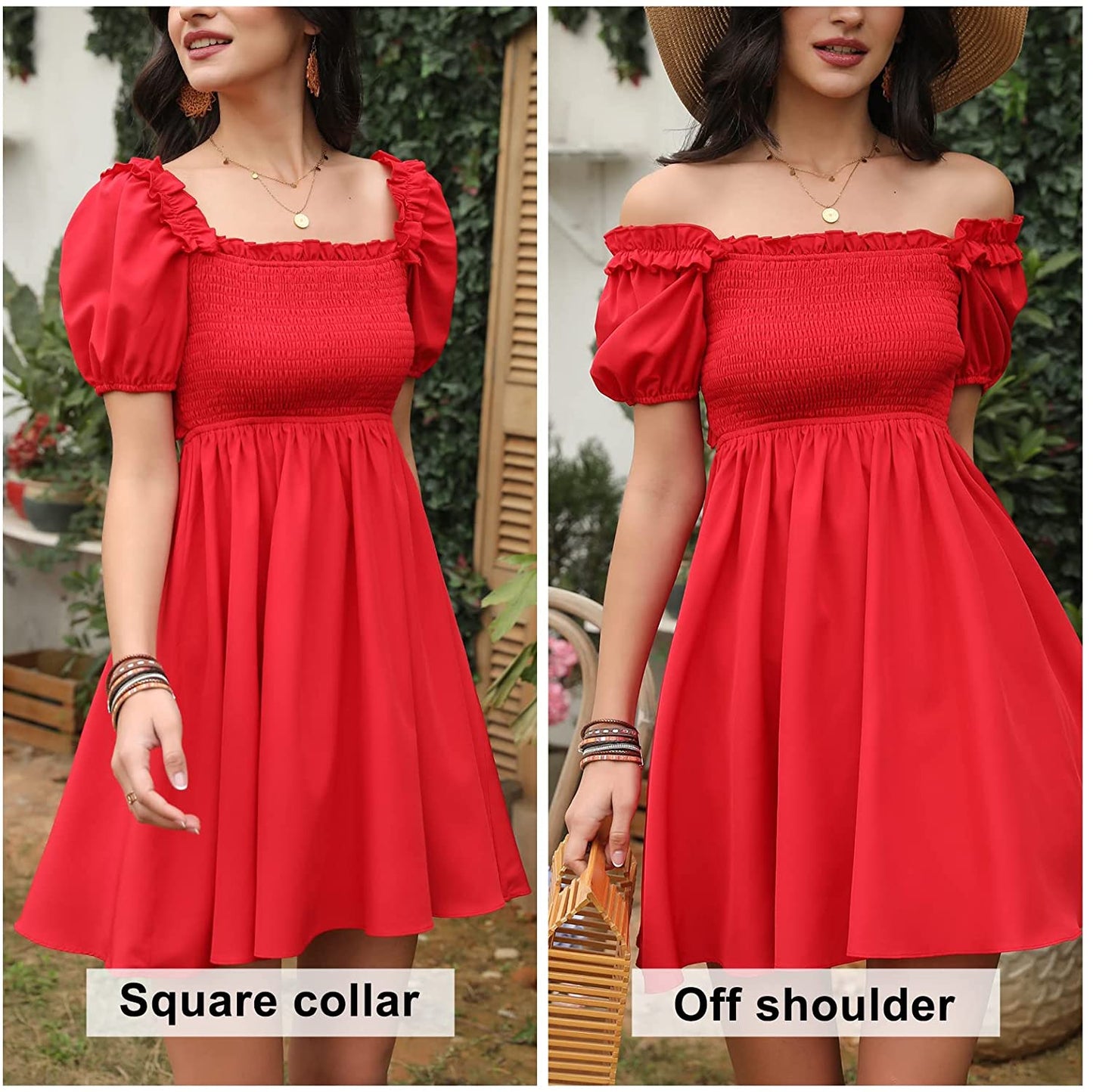 Byinns Womens Square Neck Tie Back Ruffle Off Shoulder Dress Summer Smocked A-Line Flowy Casual Mini Dress