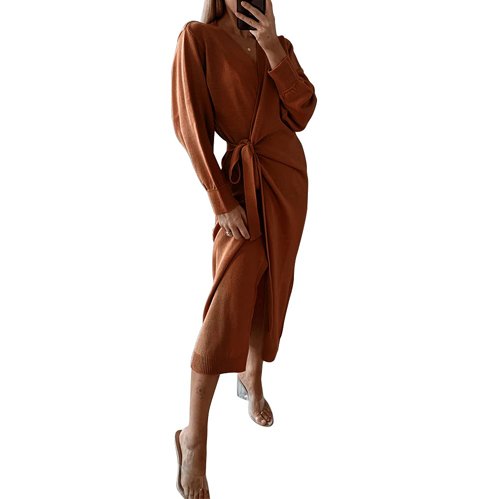 EXLURA Womens Knit Sweater Dress Casual Solid Long Sleeve Wrap Maxi Dresses with Belt