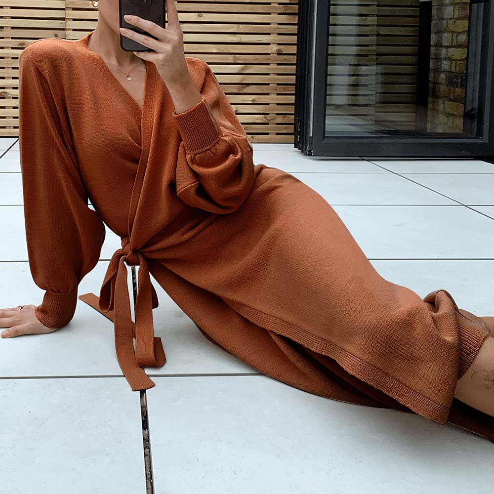 EXLURA Womens Knit Sweater Dress Casual Solid Long Sleeve Wrap Maxi Dresses with Belt