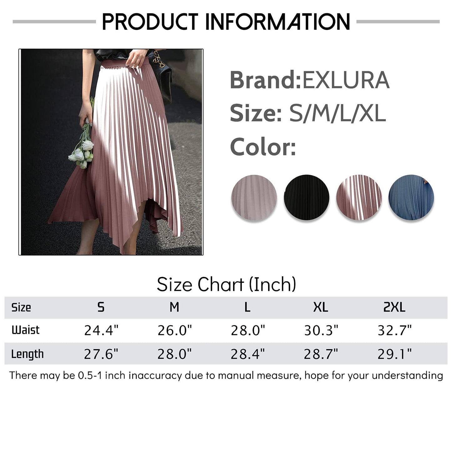 EXLURA Women's Asymmetrical Pleated Midi Skirt High Waist A-Line Flowy Skirt