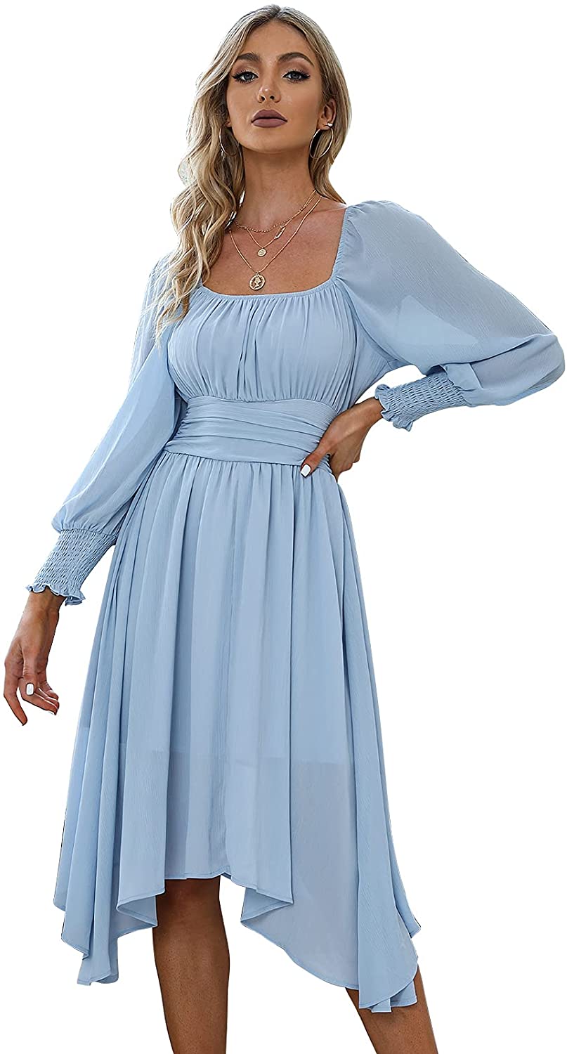 EXLURA Women's Tie Back Asymmetrical Hem Off Shoulder A-line Dresses Long Lantern Sleeve Ruffle Midi Dress